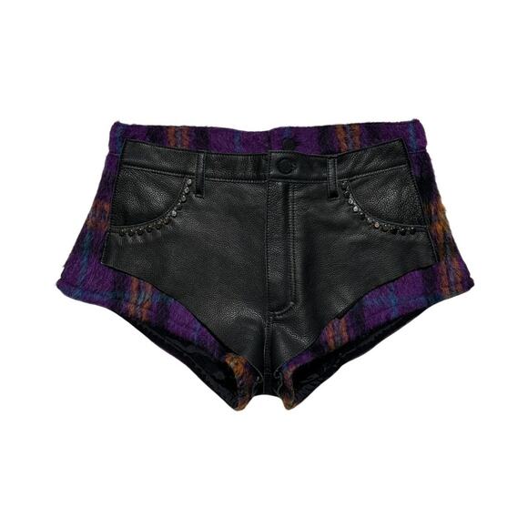 Leather & wool plaid studded mini shorts - Picture 1 of 5